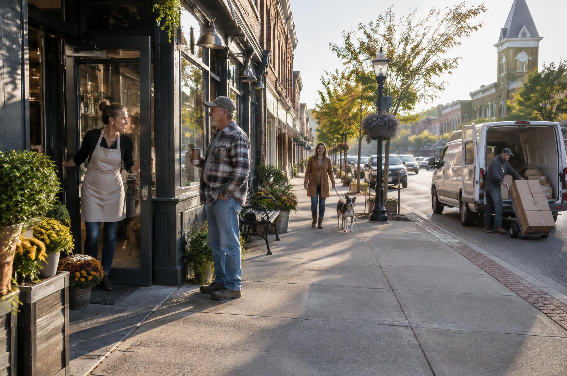 Independent businesses opening along a thriving American Main Street